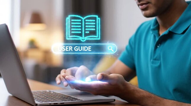 Man Interacting with Futuristic Holographic User Guide Interface Above Laptop, Searching for Digital Information and Support with Augmented Reality...