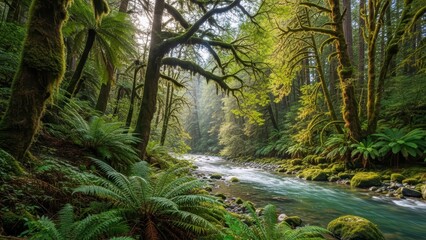 Lush greenery and serene river flowing through sunlit forest with moss-covered trees
