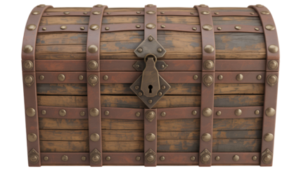 Vintage wooden treasure chest with metal lock and straps in rustic style with warm lighting for historical reenactment