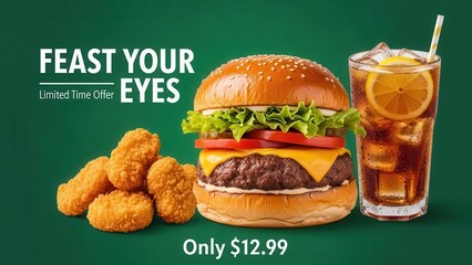 A restaurant menu promotion featuring a juicy burger with melted cheese, crispy chicken nuggets, and a refreshing cold beverage on a solid green background.