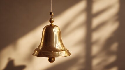 Obraz premium Close-up of a shiny, golden bell suspended by a string, with a soft shadow cast on the wall behind it. The bell is in sharp focus