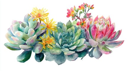 A vibrant watercolor painting showcases a cluster of assorted succulents. The image bursts with life, featuring a spectrum of colors