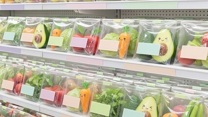 Fresh Packed Fruits and Vegetables Displayed in Supermarket Refrigerator