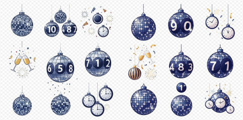 Set of disco ball countdown elements with clocks and confetti for New Year celebration.