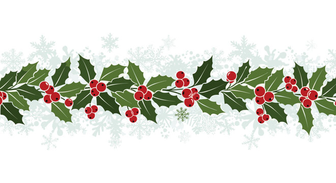 A festive Christmas and winter seamless border featuring traditional green holly leaves and bright red berries with subtle snowflake patterns.