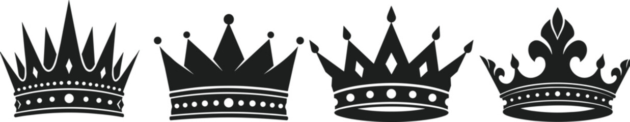 Black crown vector icon set with four unique royal tiara designs isolated on white background for luxury and premium branding..eps © Mim's World