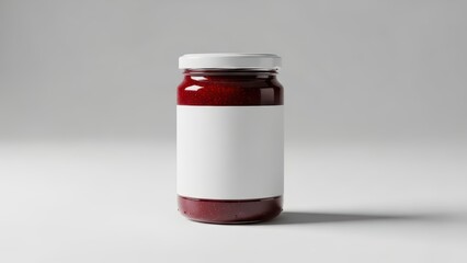 Glass jar filled with red jam isolated on white background with blank label