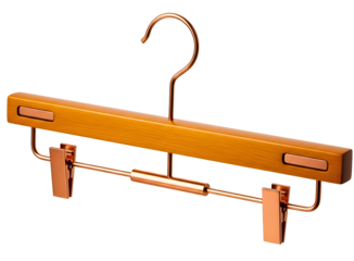 Brown wooden clothes hanger with clips isolated on transparent background