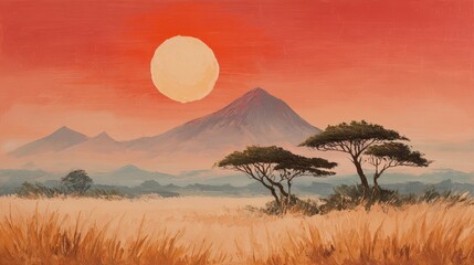 An artistic landscape showcasing a savannah at sunset. The image depicts a large sun, mountains, acacia trees, and tall grass
