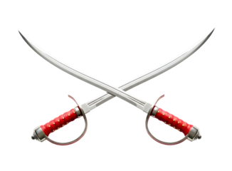 Two crossed samurai swords with red handles isolated on transparent background