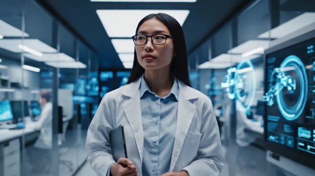 Cinematic Tracking Shot of Confident Female Scientist Walking Through Research Corridor