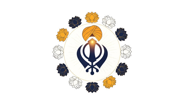 Sikh Khanda symbol with turban and lotus flowers spiritual devotion artwork for Sikh religion culture faith remembrance heritage festival background design for Guru Tegh Bahadur tribute