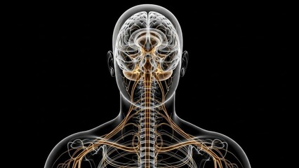 X-ray view of human head and torso, highlighting brain and nervous system
