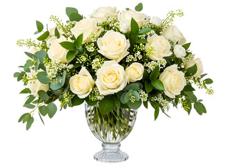 Beautiful bouquet of white roses in a vase with green leaves isolated on transparent background