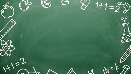 Green Chalkboard with Educational Symbols and Formulas.