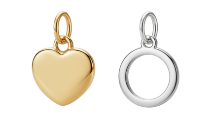 Gold heart pendant and silver ring pendant in shiny metallic finish on white background for jewelry advertising