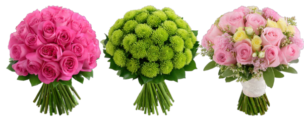 Three distinct floral arrangements displayed together on a white background