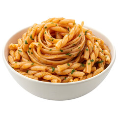 Twisted Pasta with Red Sauce and Parsley Garnish in Ceramic Bowl
