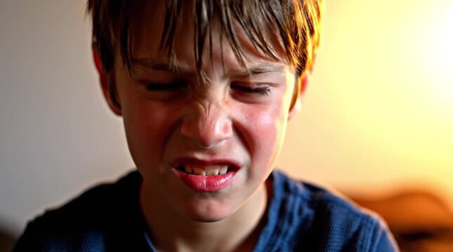 Distressed young boy's face contorted in a grimace of disgust or pain, showing strong negative emotion