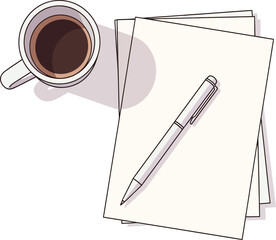 Top View Minimalist Illustration of Blank Paper Sheets with Pen and Coffee