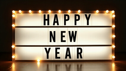 Festive Retro Style Lightbox with Happy New Year Text and Glowing Bulbs