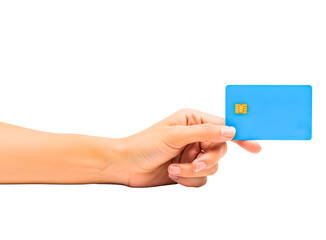 Hand holding a blue credit card isolated on transparent background
