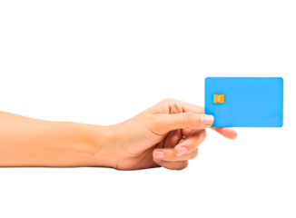 Hand holding a blue credit card isolated on transparent background