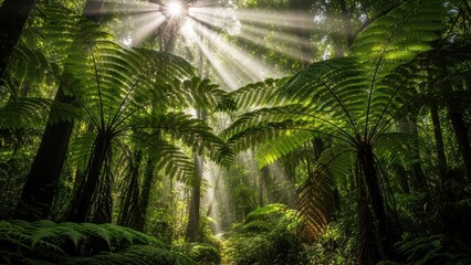 Sunlight filtering through lush greenery in dense tropical rainforest