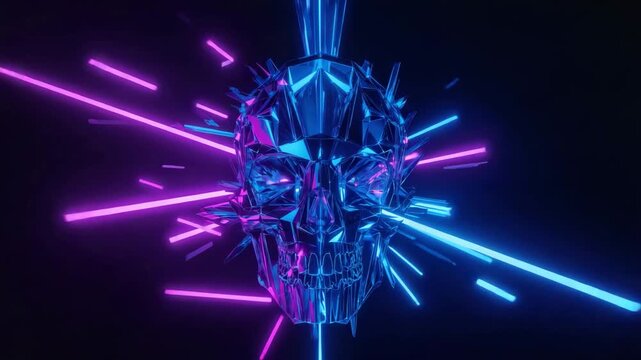 Stylized low-poly crystal skull rotating in space with neon pink and blue light streaks on a black background, VJ loop, 4K video.