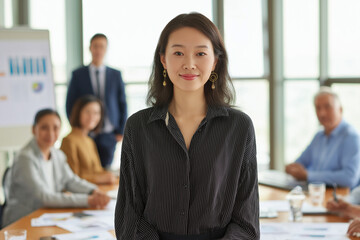 Portrait of Asian female executive standing near conference table at boardroom with her leadership team and explaining financial report