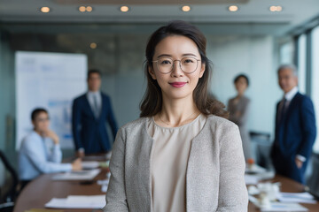 Portrait of Asian female executive standing near conference table at boardroom with her leadership team and explaining financial report