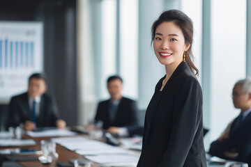 Portrait of Asian female executive standing near conference table at boardroom with her leadership team and explaining financial report