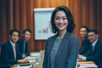 Portrait of Asian female executive standing near conference table at boardroom with her leadership team and explaining financial report