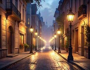 Misty cobblestone street lined with glowing lamps in a classic European town at dusk with a hint of mystery