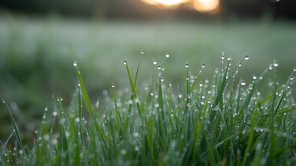 Morning dew on blades of grass close up with bokeh effect on transparent background