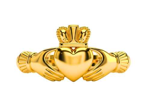 Golden claddagh ring with crown and heart symbol isolated on transparent background