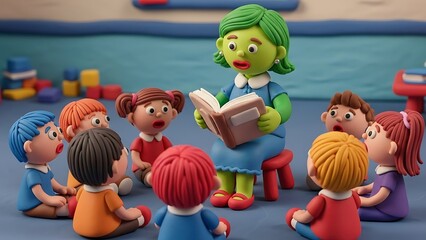 Green Teacher Reading to Children in Classroom.