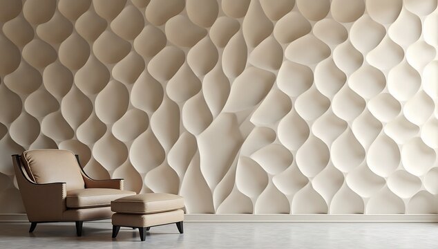 A modern room features a tan armchair and ottoman against a sculptural wavy 3D textured wall with a light floor