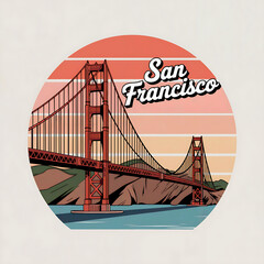 Golden Gate Bridge Sunset Illustration: Vintage Art Depiction of San Francisco's Iconic Red Landmark and City Skyline in Colorful Vector Design 