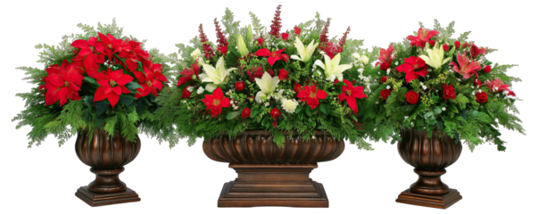 Three ornate floral arrangements displayed on dark wooden pedestals against a white background