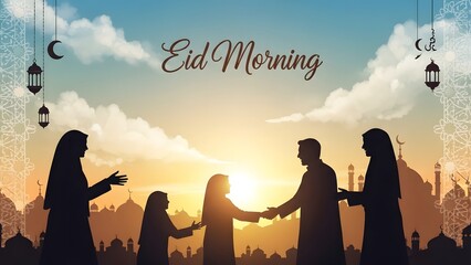 A beautiful digital illustration featuring a Muslim family silhouette shaking hands and celebrating Eid Al-Fitr morning against a golden sunrise background with mosque skyline.