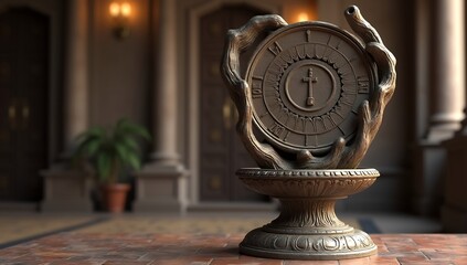 Bronzelike sculpted clock with Roman numerals and cross held by hands on a pedestal on a tiled surface with a blurred classical building background