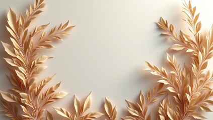 Golden leaves frame a light background creating a decorative border with elegant branches and gentle shadows