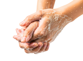 Hands washing with soap bubbles isolated on transparent background