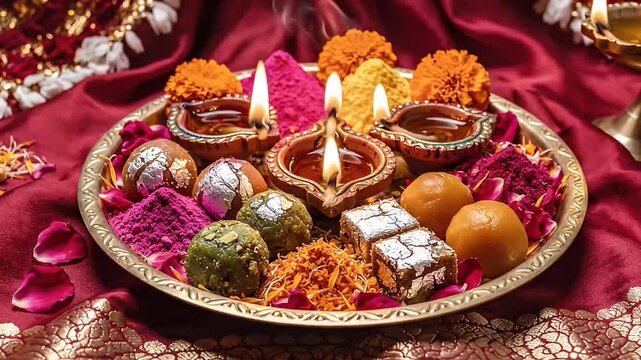 Traditional Indian Pooja Thali for Diwali with Sweets and Diyas