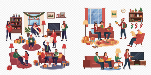 Obraz premium Christmas family gatherings and celebrations with people exchanging gifts and enjoying festive moments.