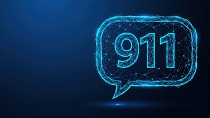 Digital 911 emergency communication bubble with glowing neon network connections on dark blue background