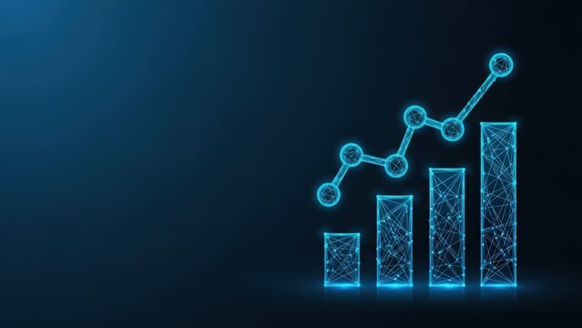 Digital abstract glowing blue bar graph and line chart showing financial growth and data analytics on a dark background - Powered by Adobe
