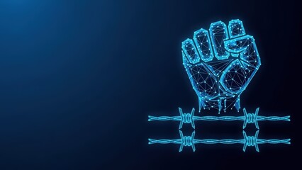 A glowing blue digital fist breaking through barbed wire representing freedom and resistance