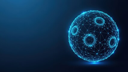 A glowing blue digital sphere with a connected network design floats against a dark background